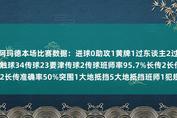 阿玛德本场比赛数据：进球0助攻1黄牌1过东谈主2过东谈主班师1丢失球权4触球34传球23要津传球2传球班师率95.7%长传2长传准确率50%突围1大地抵挡5大地抵挡班师1犯规3    买球站体育信息